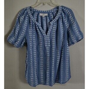LOFT Womens Small Peasant Top‎ Blue White Stripe Split Neckline Gathered Denim